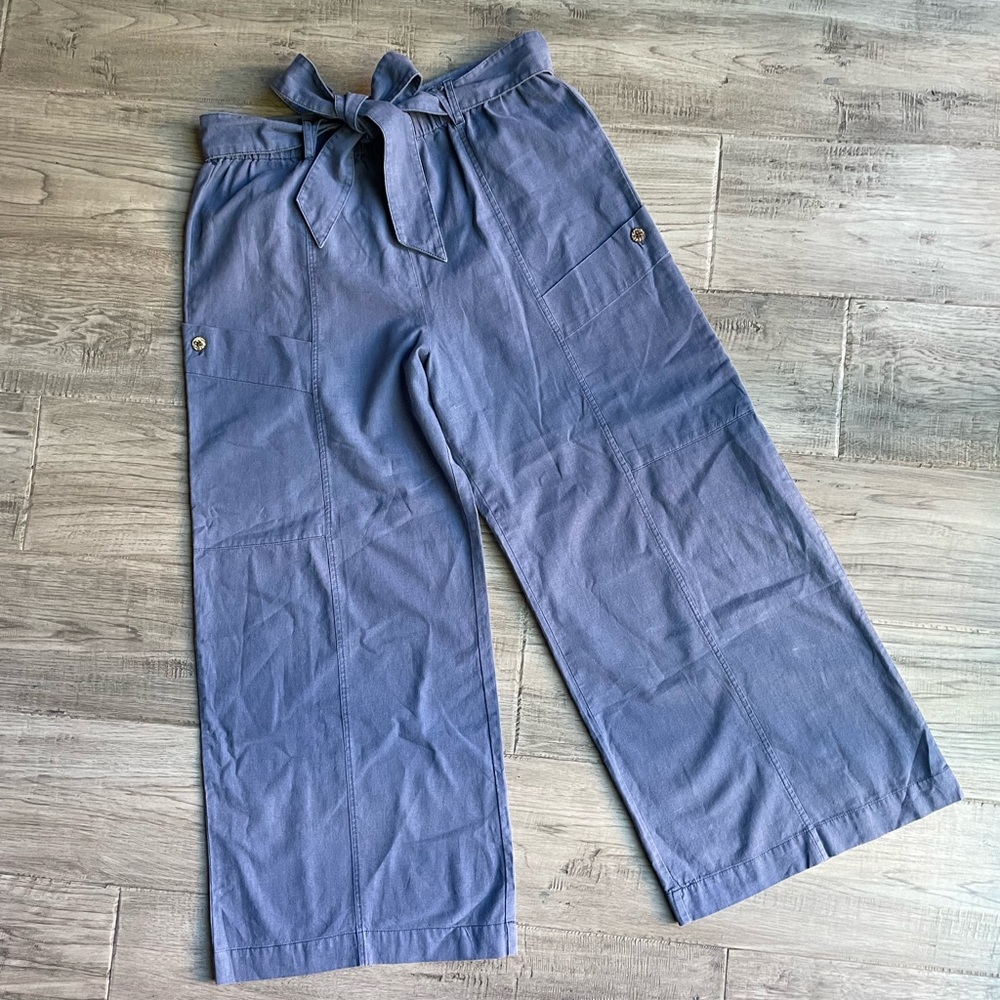 Free People Bluebell Belted Wide Leg Linen-Blend Pants W/Leg Pockets Blue SZ M - Picture 2 of 16